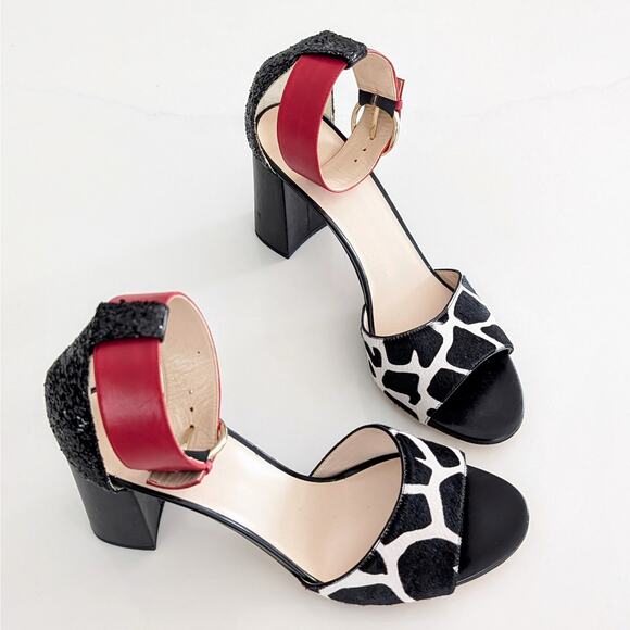 Women's Frances Valentine Block Heel Chunky Heel Animal Print Open Toe Size 10 - Picture 1 of 11